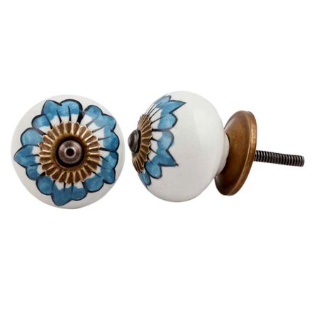 White Turquoise Floral Painted Knob